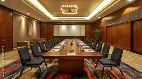 A modern conference room with state-of-the-art facilities, a large meeting table, and comfortable chairs for business discussions.