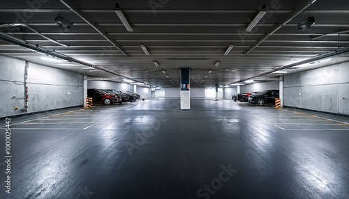 Empty parking lot. The interior of an underground garage with a lot of space for cars. Against the background of dark concrete walls. Cement urban premises in the basement of a shopping center 