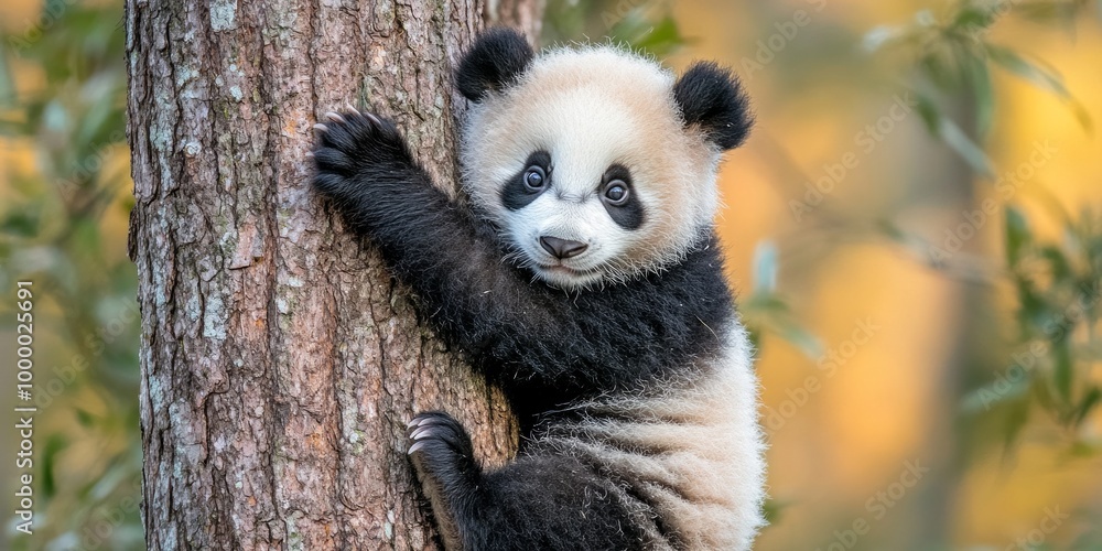 A cute panda clings to a tree trunk in the sunlight. This lovely animal is known for its playful nature and distinctive black and white coloring. Perfect for wildlife photography. AI A cute panda clings to a tree trunk in the sunlight. This lovely animal is known for its playful nature and distinctive black and white coloring. Perfect for wildlife photography. AI