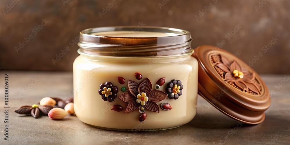 Jar for cream with a brown lid adorned with flower and chocolate motifs in Depth of Field Jar for cream with a brown lid adorned with flower and chocolate motifs in Depth of Field
