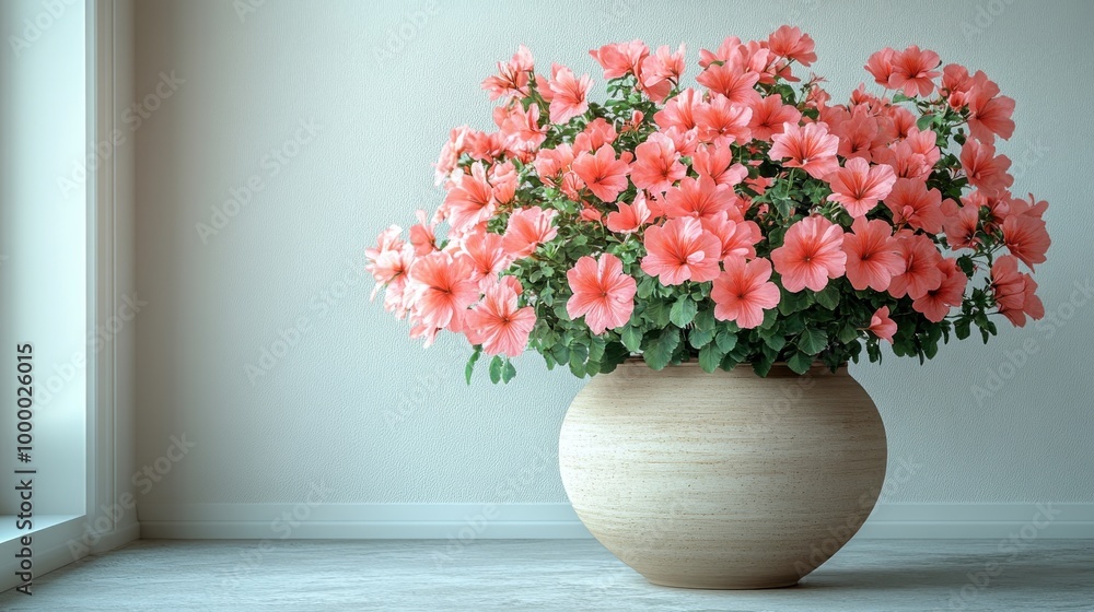 A large pot filled with vibrant pink flowers in a bright room. A large pot filled with vibrant pink flowers in a bright room.