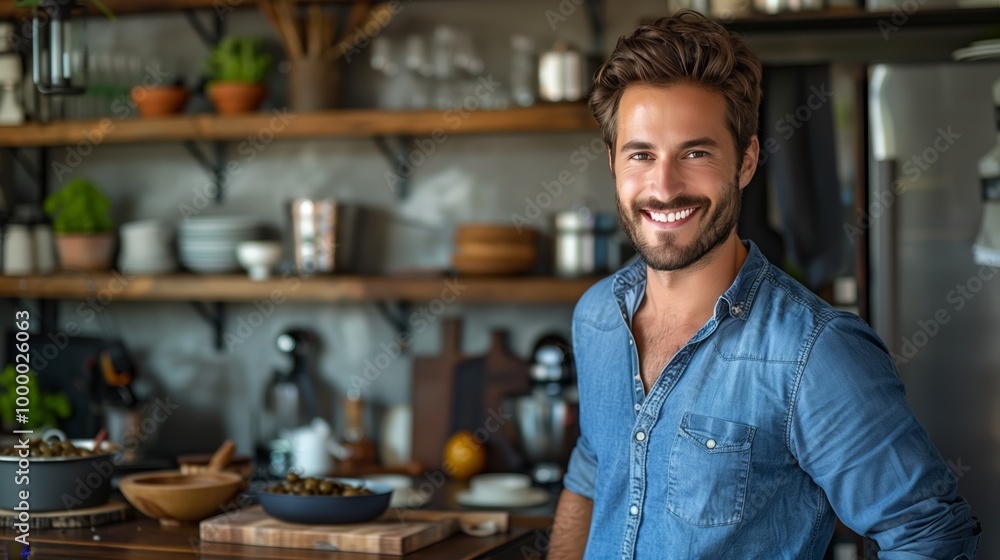 A handsome man in a blue shirt is smiling at the camera while standing next to the kitchen counter, looking happy and content after cooking dinner for his family or friends. A handsome man in a blue shirt is smiling at the camera while standing next to the kitchen counter, looking happy and content after cooking dinner for his family or friends.