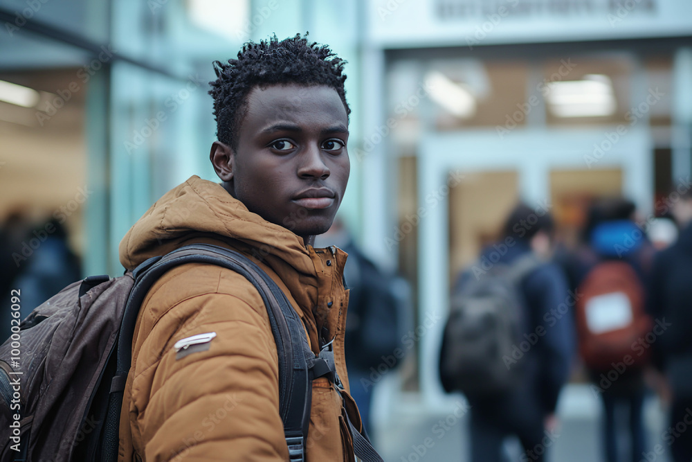 A young black refugee with a backpack stands in front of the entrance to a European study center, various students with books and backpacks pass by. A young black refugee with a backpack stands in front of the entrance to a European study center, various students with books and backpacks pass by.