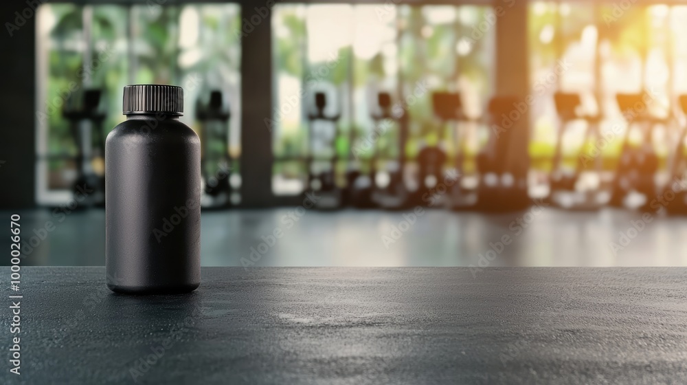 Modern Gym Ambience on Sleek Black Tabletop for Health Products Display Modern Gym Ambience on Sleek Black Tabletop for Health Products Display