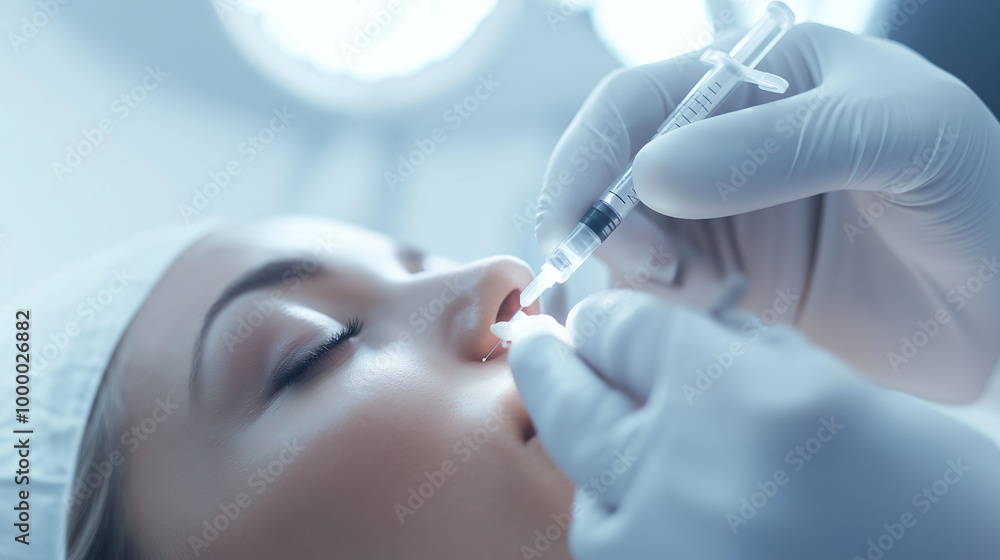 Close-up of a surgeon's hands performing a non-invasive cosmetic procedure like Botox or fillers. The patient's face is relaxed, with soft lighting highlighting the precision in a clean Close-up of a surgeon's hands performing a non-invasive cosmetic procedure like Botox or fillers. The patient's face is relaxed, with soft lighting highlighting the precision in a clean