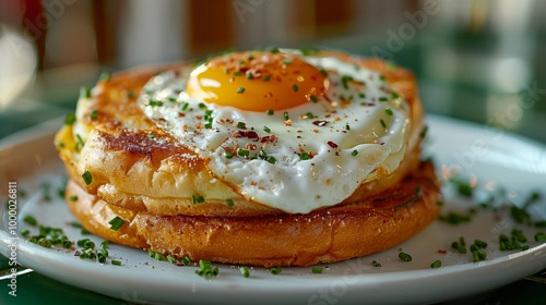 Eggs on warm, golden-brown brioche bun with sour cream and chives to match the sunny side up egg inside for an American breakfast sandwich