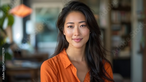 Portrait of an Asian woman with long hair in her living room, smiling at the camera