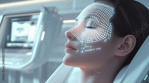 A high-tech 3D facial scanner captures a patient's facial contours for plastic surgery planning. The scanner projects a grid of light, creating a digital image on a screen in a sleek