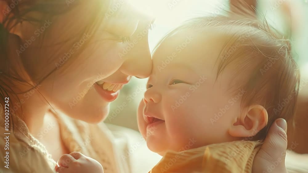 A tender moment between a mother and her smiling baby, showcasing love and happiness in a warm, soft-lit environment. A tender moment between a mother and her smiling baby, showcasing love and happiness in a warm, soft-lit environment.
