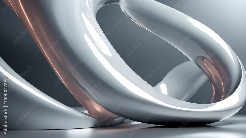 Obraz premium Abstract 3D render of a shiny white and copper geometric shape on a gray background.
