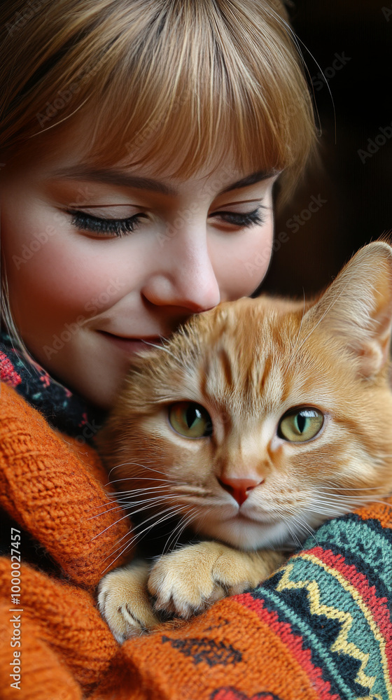 Young woman holding a ginger cat close to her. Young woman holding a ginger cat close to her.