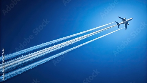 Jet airplane flying in clear blue sky with condensation trail, showing depth of field.