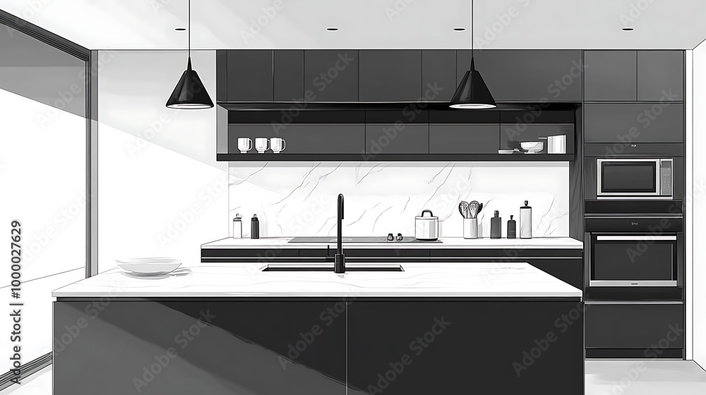 Modern Kitchen Design with Black Cabinets White Marble Countertop and Pendant Lights Modern Kitchen Design with Black Cabinets White Marble Countertop and Pendant Lights