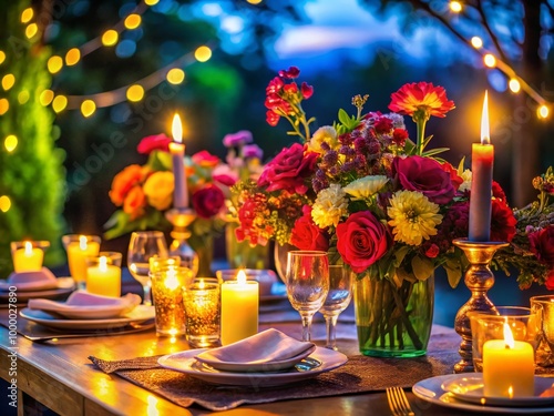 Elegant Festive Table Setting with Candles, Flowers, and Fine Dinnerware for Celebratory Occasions