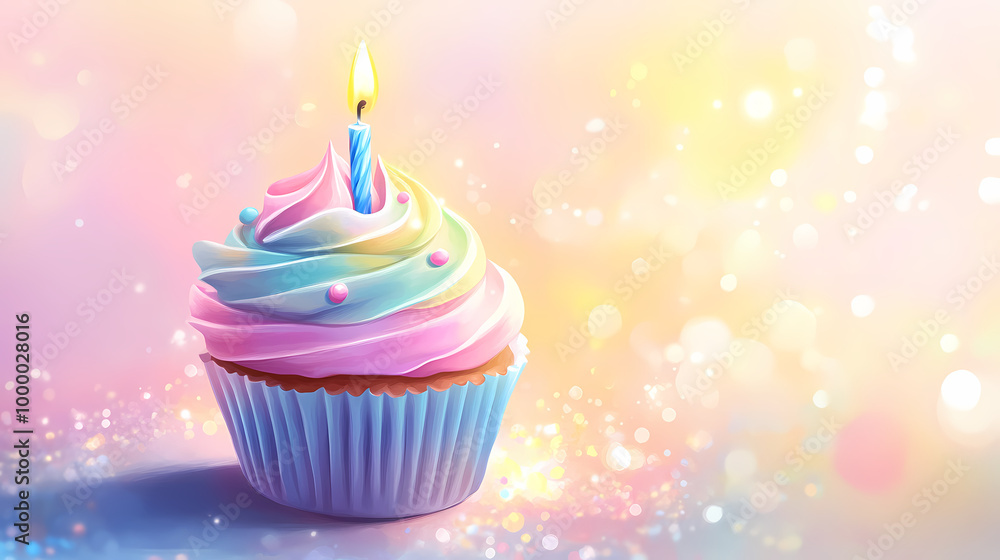 Warm candlelight on a rainbow cupcake Warm candlelight on a rainbow cupcake
