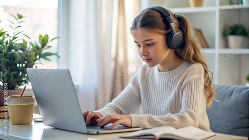 Distance education. Lady teenager in wireless headphones studying writing on desk at home, side view. Schoolgirl practices for exam assignment