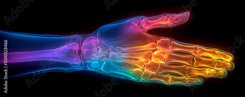 Neon Glow Skeleton Hand, Surreal Psychedelic High Tech Cyber UV Rainbow Light X-ray Effect on Black. Progressive New Age Electronic Trance Music. Club Nightlife, Halloween Party Banner Cover 