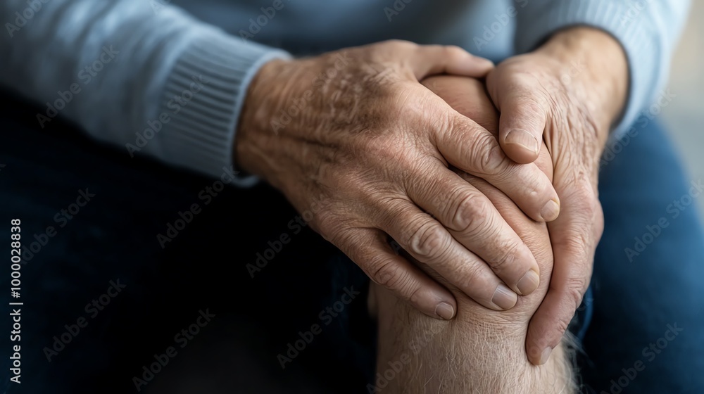 Fototapeta premium Senior person experiencing knee pain, close-up shot of hands on knee, illustrating arthritis or joint pain in the elderly.