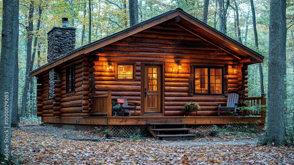 A rustic wooden cabin with a stone chimney nestled amidst a forest of towering trees, bathed in the warm glow of evening light A rustic wooden cabin with a stone chimney nestled amidst a forest of towering trees, bathed in the warm glow of evening light