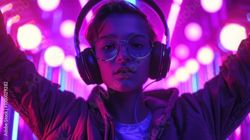 Teenage Boy Wearing Headphones in a Neon Lit Environment