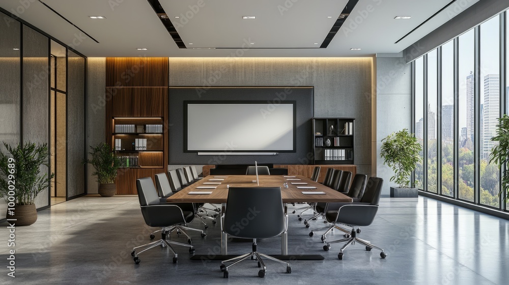 Modern office conference room with video conferencing equipment, smart whiteboard, and elegant decor for a professional setting. Modern office conference room with video conferencing equipment, smart whiteboard, and elegant decor for a professional setting.