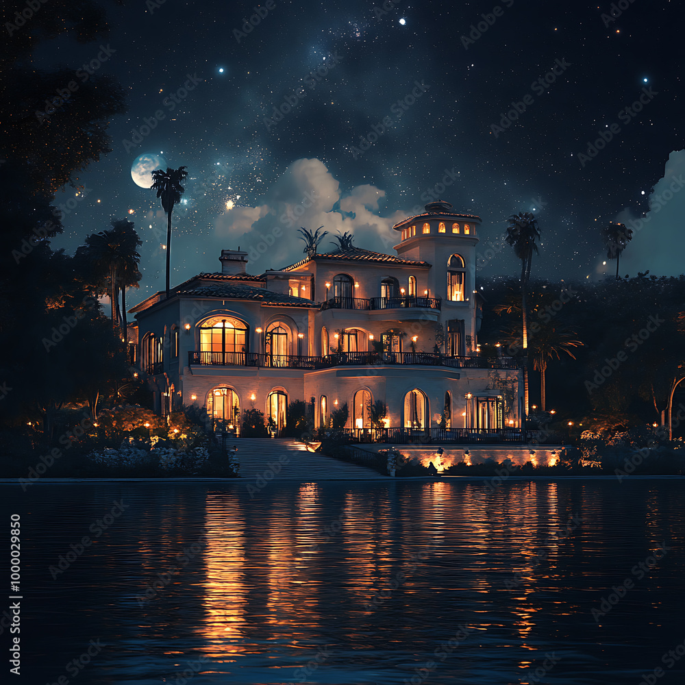 Fototapeta premium Beautiful night view of the house on the bank of the river
