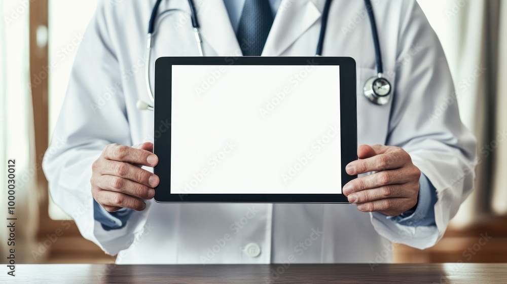 A doctor in a white coat holds a tablet displaying a blank screen, suggesting medical technology. A doctor in a white coat holds a tablet displaying a blank screen, suggesting medical technology.