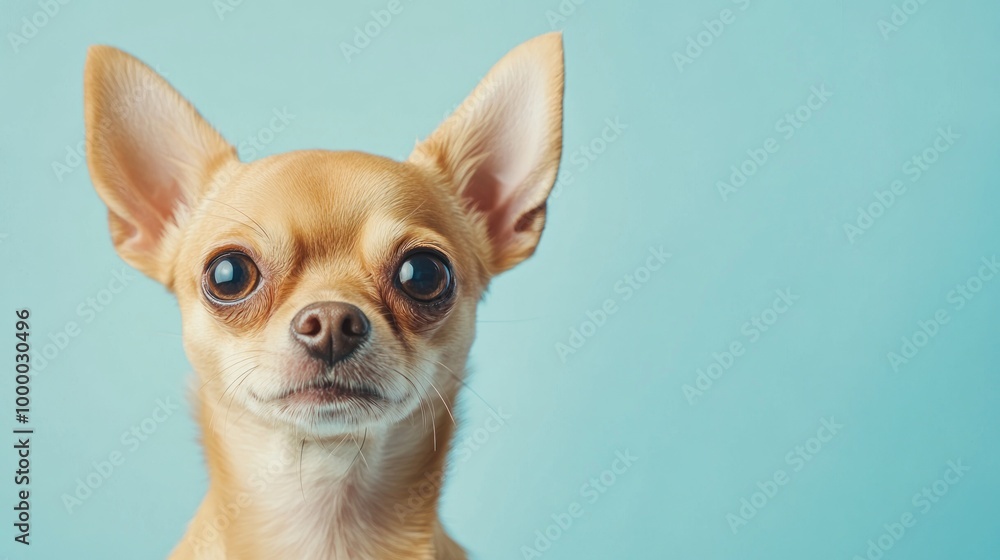 A close-up of a Chihuahua with big eyes against a light blue background. A close-up of a Chihuahua with big eyes against a light blue background.