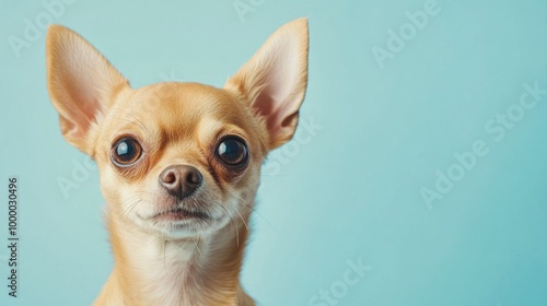 A close-up of a Chihuahua with big eyes against a light blue background.