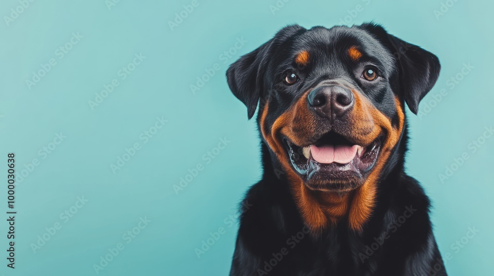 Fototapeta premium A happy Rottweiler dog smiling against a light blue background.