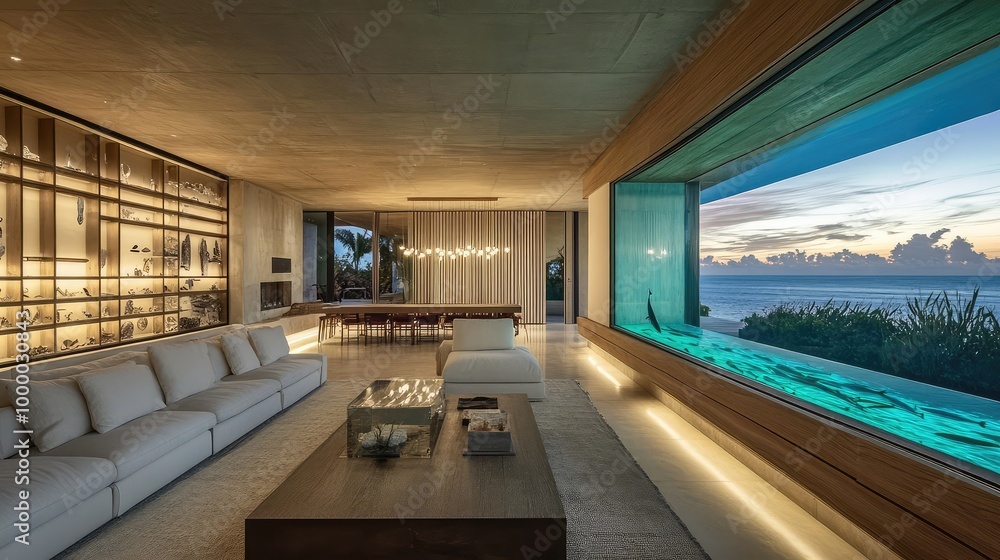 A chic art collector living room, the ocean-filled glass box displayed on a large wooden shelf, adding a touch of nature and calm to the sleek, modern decor A chic art collector living room, the ocean-filled glass box displayed on a large wooden shelf, adding a touch of nature and calm to the sleek, modern decor