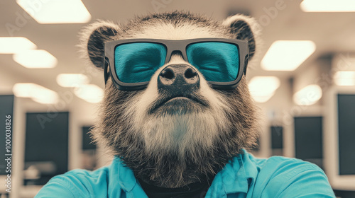 A raccoon wearing sunglasses and a blue shirt.