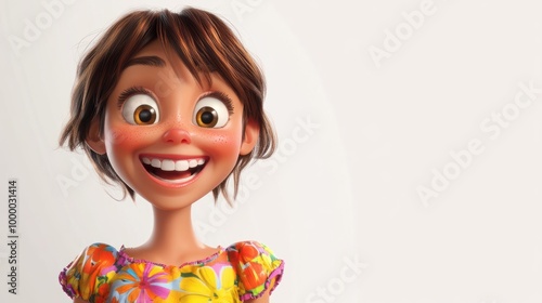 A cheerful animated character with a vibrant floral dress and a big smile.