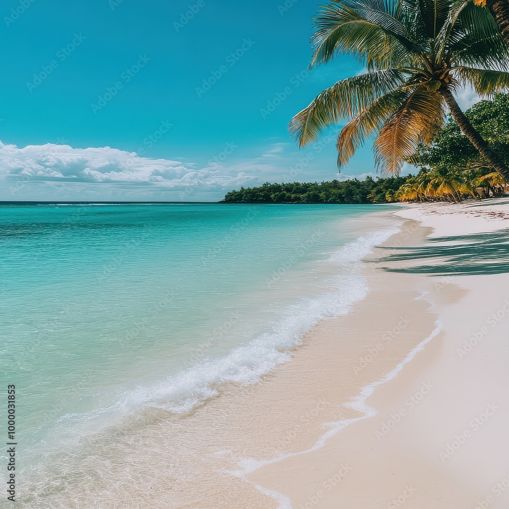 A beautiful beach with a palm tree in the background. The water is calm and the sky is clear A beautiful beach with a palm tree in the background. The water is calm and the sky is clear
