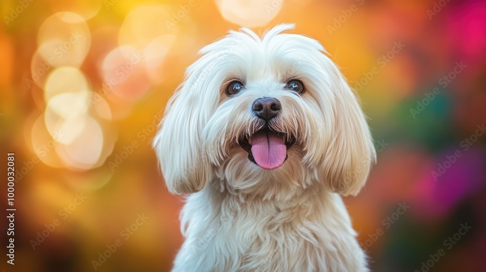 A cheerful white dog with a playful expression against a colorful blurred background. A cheerful white dog with a playful expression against a colorful blurred background.