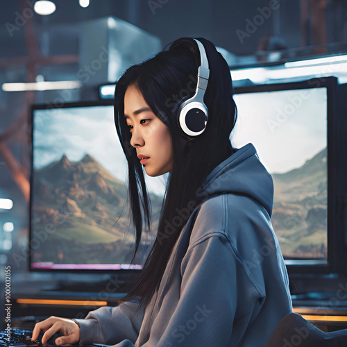 side view of an Asian female gamer concentrate play on computer photo