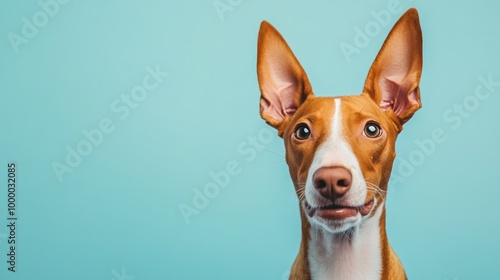 A close-up of a dog with large ears against a blue background, showcasing its expression.