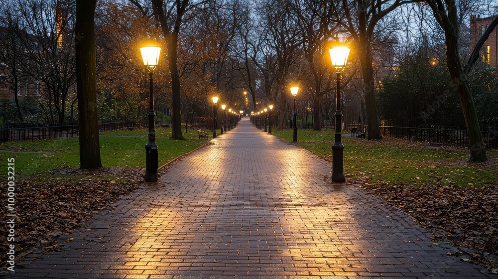 Obraz premium A walkway with a brick path and a row of street lights. The lights are lit up and the path is wet from rain
