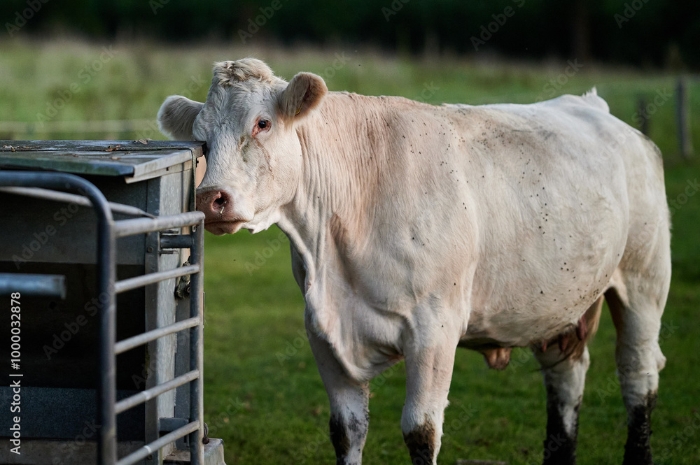 White Cow Feeding at a Metal Feeder in a Rural Evening Pasture in Iceland, Captured in Soft Natural Light