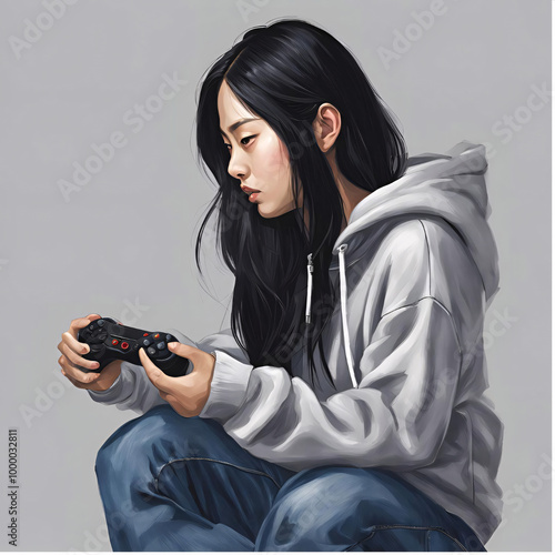 side view of an asian girl wearing hoodie seeing phone photo