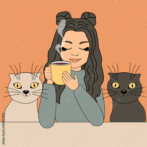 Illustration girl young woman at the table with a cup of hot tea or coffee in her hand and two cats	
