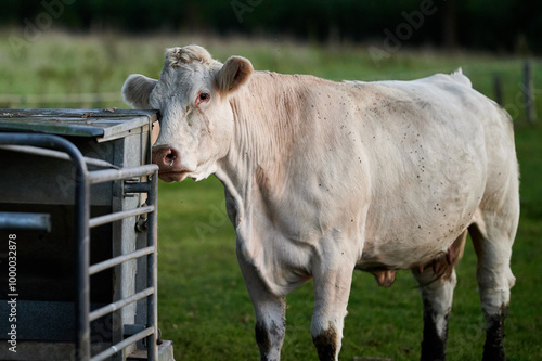 Obraz na płótnie White Cow Feeding at a Metal Feeder in a Rural Evening Pasture in Iceland, Captured in Soft Natural Light w salonie