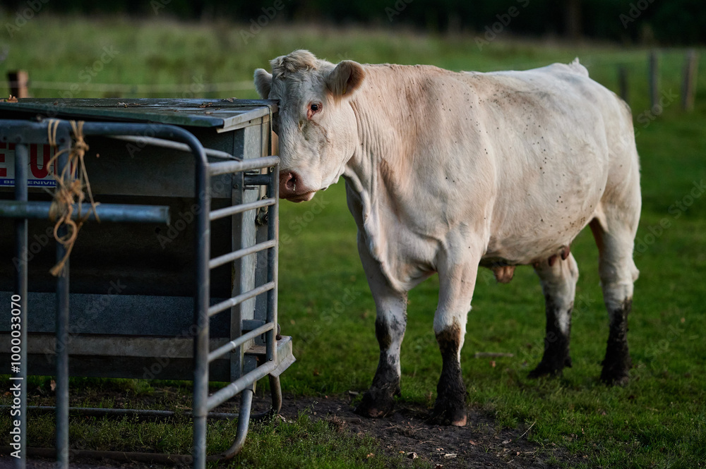 White Cow Feeding at a Metal Feeder in a Rural Evening Pasture in Iceland, Captured in Soft Natural Light