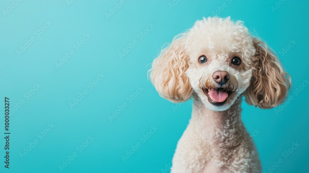 A cheerful poodle with curly fur against a bright blue background. A cheerful poodle with curly fur against a bright blue background.