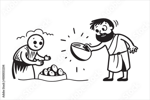 Man distributing food, joyful celebration of generosity in hand-drawn village scene line art illustration