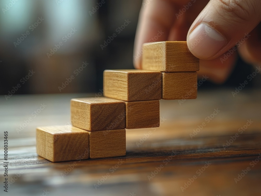 Businessman hand arranging wooden blocks staircase with arrow planning concept Businessman hand arranging wooden blocks staircase with arrow planning concept