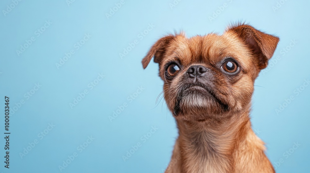 A close-up portrait of a small dog with a curious expression against a blue background. A close-up portrait of a small dog with a curious expression against a blue background.