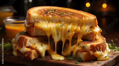 A large slice of cheese and tomato sandwich with melted cheese oozing out of it photo