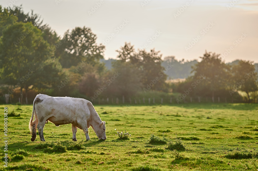 Peaceful Charolais cow grazing on a lush green pasture under warm evening light in the rural countryside of England during autumn.
