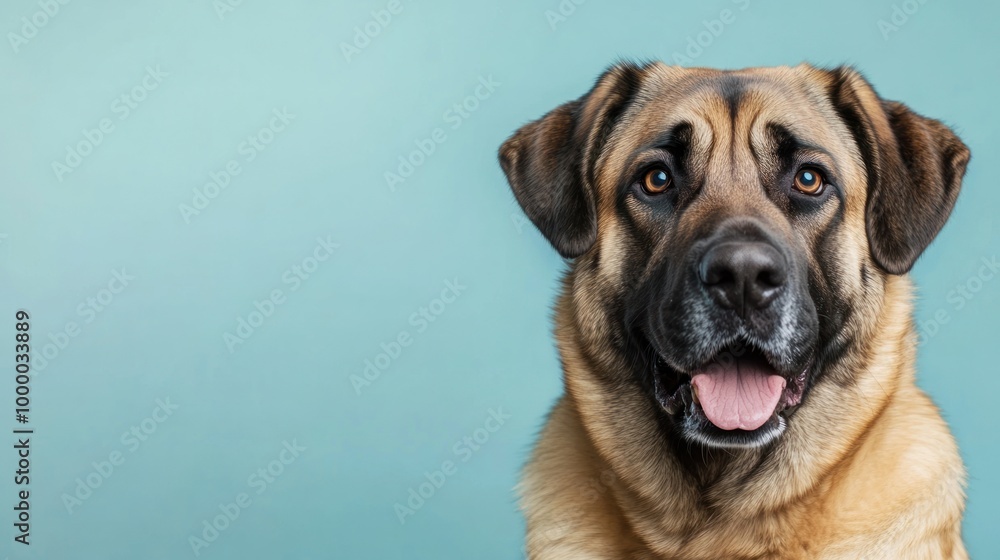 A close-up portrait of a friendly dog against a soft blue background. A close-up portrait of a friendly dog against a soft blue background.